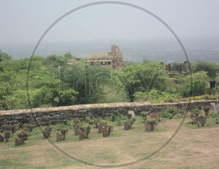 A picture of gardens and ruins at the Medieval era fort of Chittorgarh, Rajasthan.