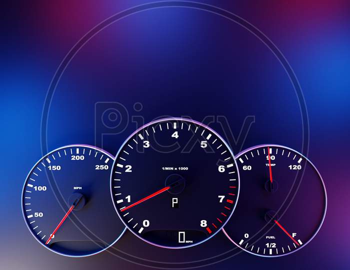 3D Illustration Of The Dashboard Of The Car Is Illuminated By Bright Illumination. Circle Speedometer, Tachometer Under Blue Neon Color