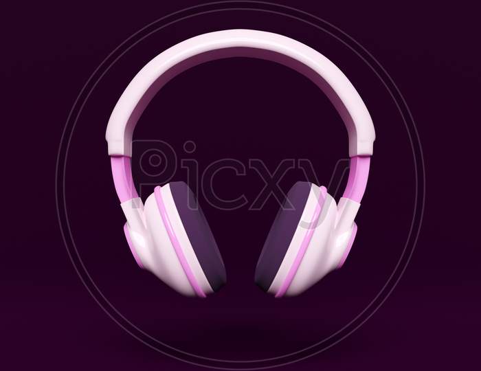 3D Illustration Realistic  Pink  Headphones Isolated On  Monocrome Background.Sound Music Headphones. Audio Technology. Modern Headphones