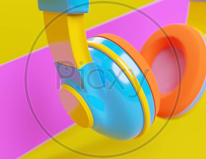 3D Illustration Realistic  Colorful   Headphones Isolated On  Pink And Yellow Background.Sound Music Headphones. Audio Technology. Modern Headphones