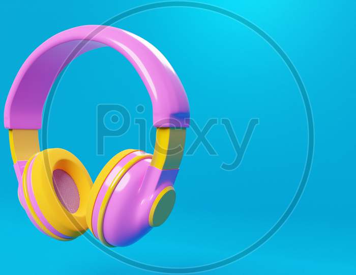 3D Illustration Of Pink Retro Headphones  On  Blue  Isolated Background On Neon Lights. Headphone Icon Illustration