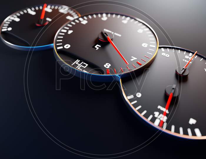 3D Illustration Close Up Black Car Panel, Digital Bright Tachometer, Speedometer Shows 142 Km H. Speedometer  Arrow Shows Maximum Speed