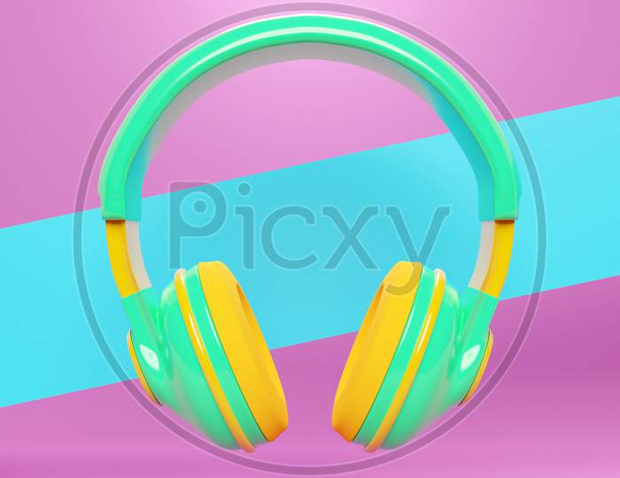 Green And Yellow   Classic Wired Headphones Isolated 3D Rendaring.  Headphone Icon Illustration. Audio Technology.