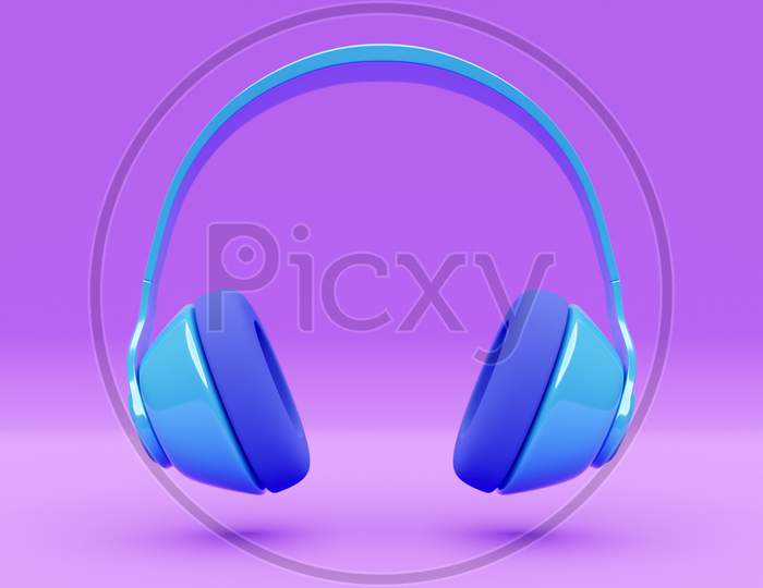 3D Illustration Of Blue Retro Headphones  On  Pink  Isolated Background On Neon Lights. Headphone Icon Illustration