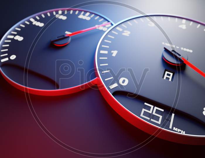 3D Illustration New Car Interior Details. Speedometer Shows 251 Km H , Tachometer  With  White Backlight . Сlose Up Black Car Panel, Digital Bright Speedometer In Sport Style.