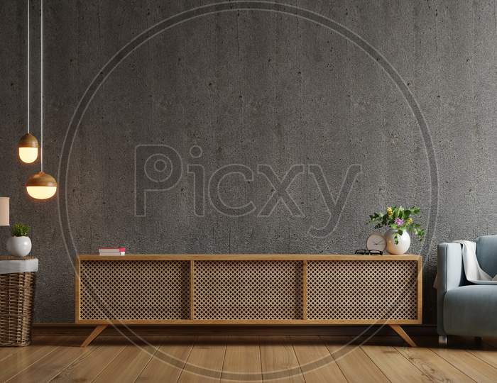 Cabinet Tv In Modern Living Room With Armchair,Lamp,Table,Flower And Plant On Concrete Wall Background.
