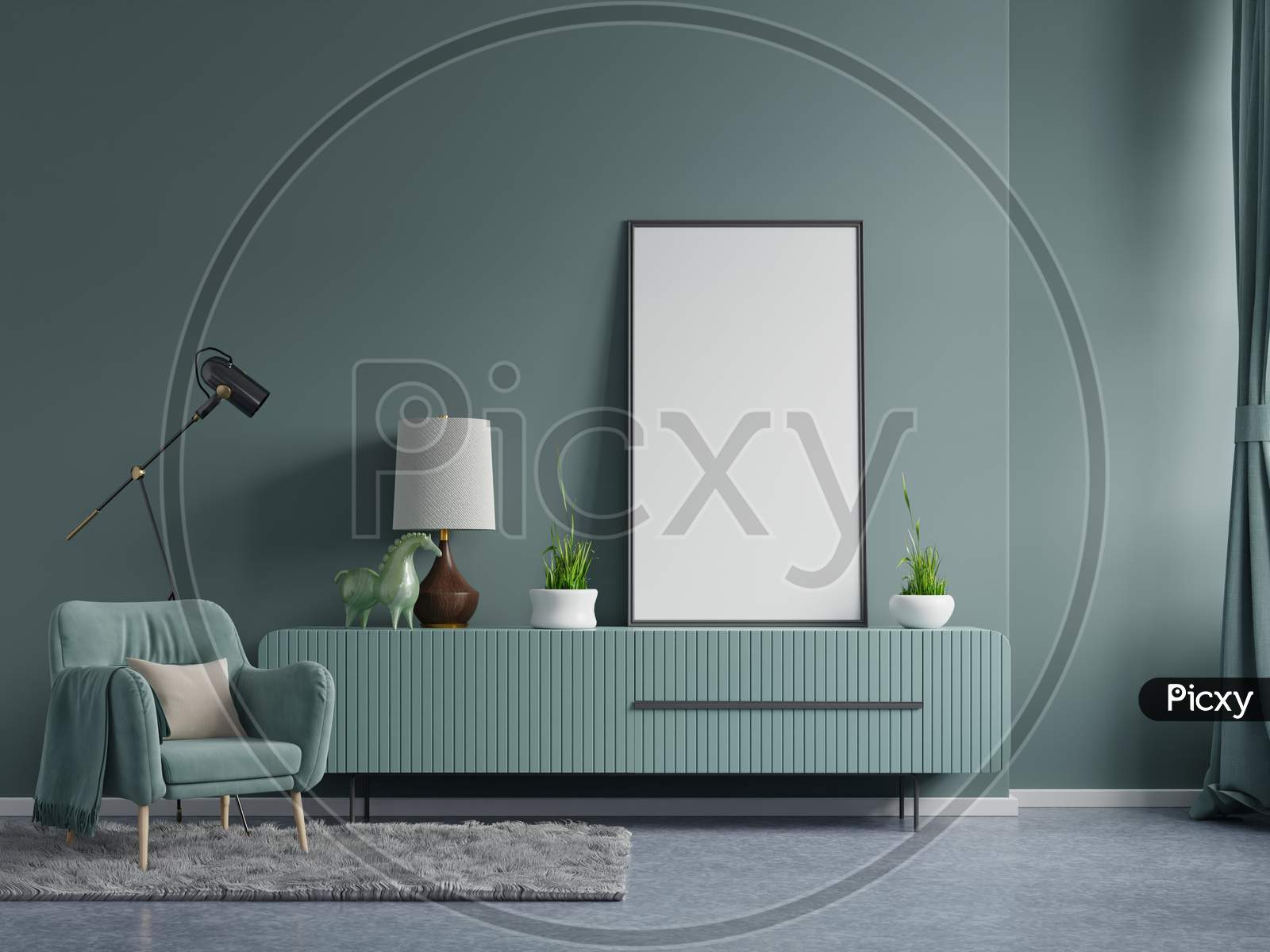 Poster Mockup With Vertical Frames On Empty Dark Green Wall In Living Room Interior With Dark Green Velvet Armchair.