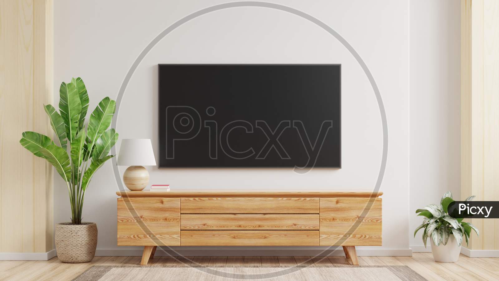 Mockup A Tv Wall Mounted In A Living Room Room With A White Wall.