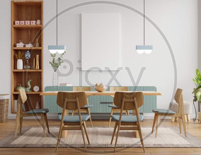 Mock Up Poster In Modern Dining Room Interior Design With White Empty Wall.