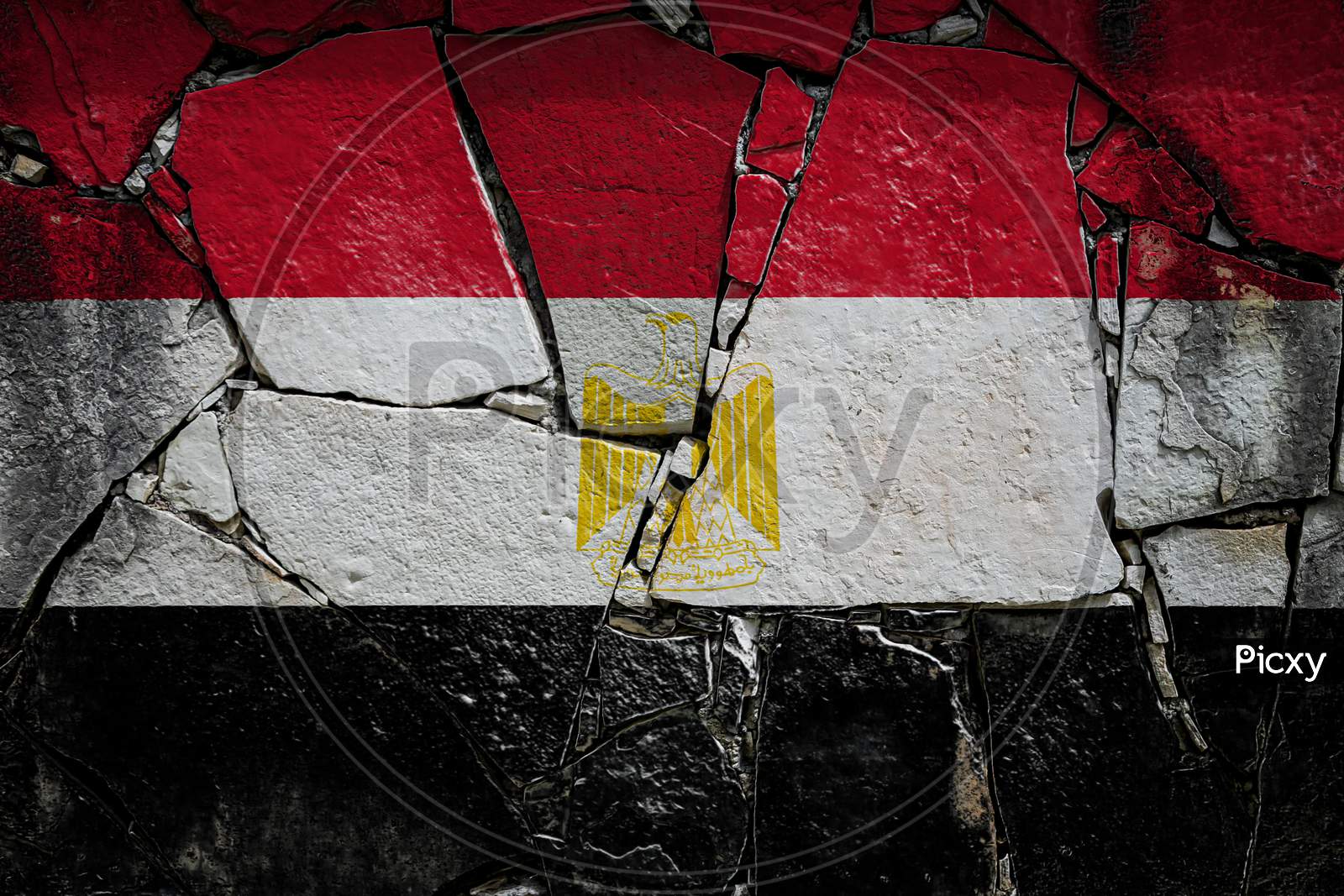 National Flag Of Egypt
 Depicting In Paint Colors On An Old Stone Wall. Flag  Banner On Broken  Wall Background.
