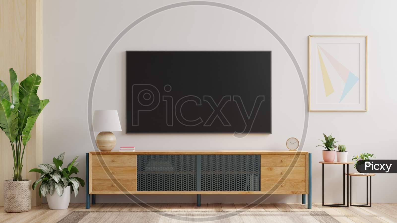 Mockup A Tv Wall Mounted In A Living Room Room With A White Wall.