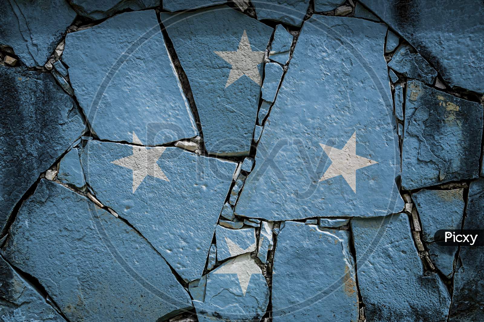 National Flag Of Federal States Of Micronesia
 Depicting In Paint Colors On An Old Stone Wall. Flag  Banner On Broken  Wall Background.
