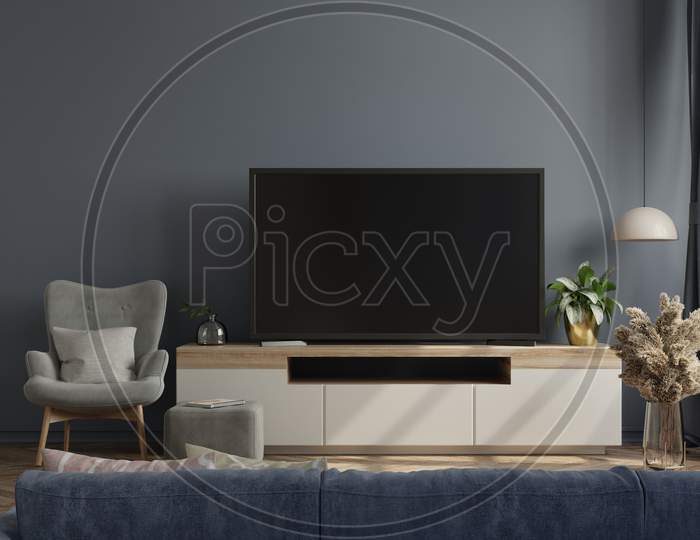 Mockup Tv On Cabinet In Modern Empty Room With The Dark Wall.