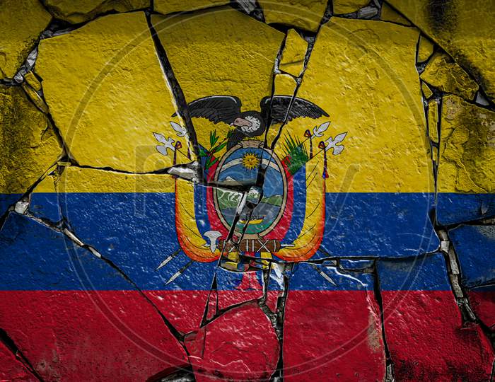 National Flag Of Ecuador
 Depicting In Paint Colors On An Old Stone Wall. Flag  Banner On Broken  Wall Background.