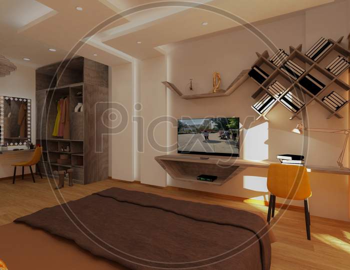 3D Rendered Bedroom Design Tv Unit With Study Table. 45 Degree Overhead Bookshelves.