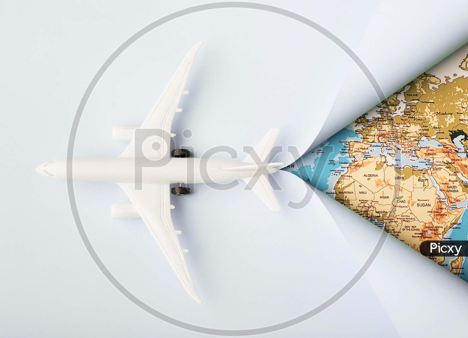 top view white toy plane map