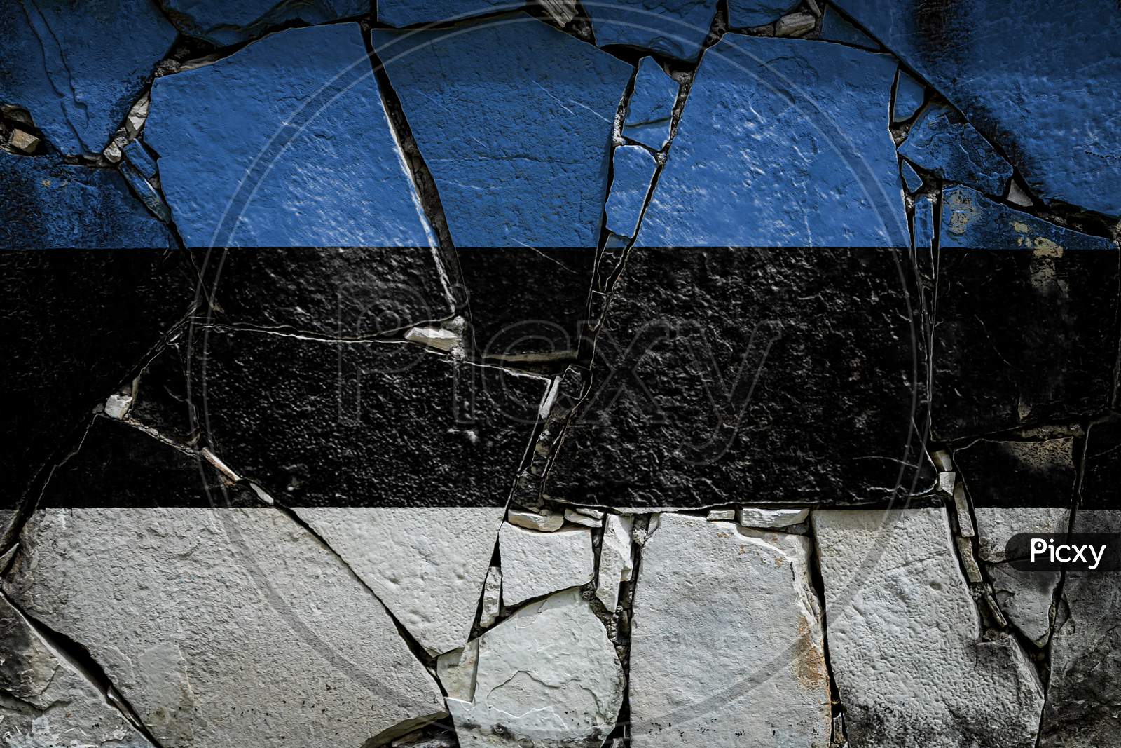 National Flag Of Estonia
 Depicting In Paint Colors On An Old Stone Wall. Flag  Banner On Broken  Wall Background.