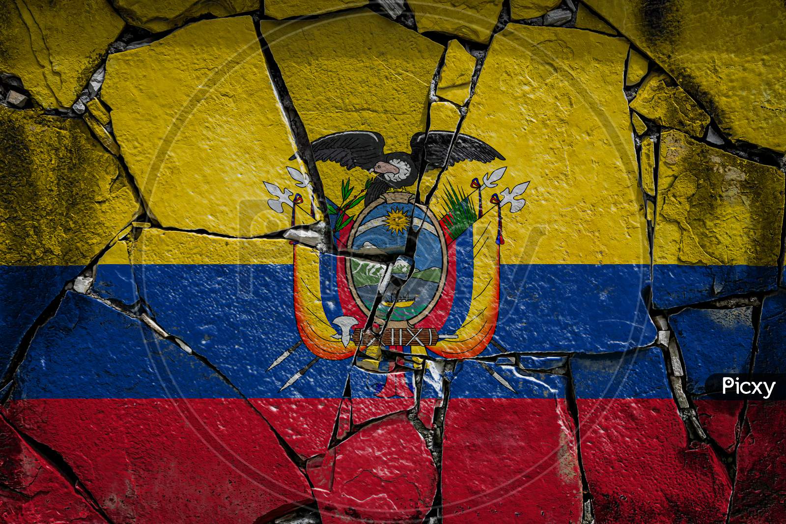 National Flag Of Ecuador
 Depicting In Paint Colors On An Old Stone Wall. Flag  Banner On Broken  Wall Background.