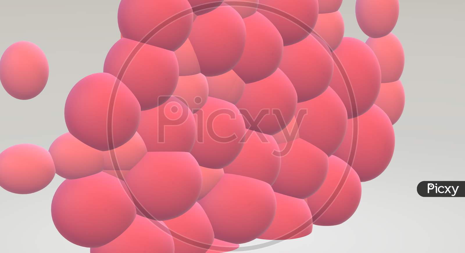Abstract background with spheres. Flying spheres isolated on pink background.  The theme for trendy designs. Spheres in pink matte color. Side view Pink bubbles connected each other. 3D illustration.