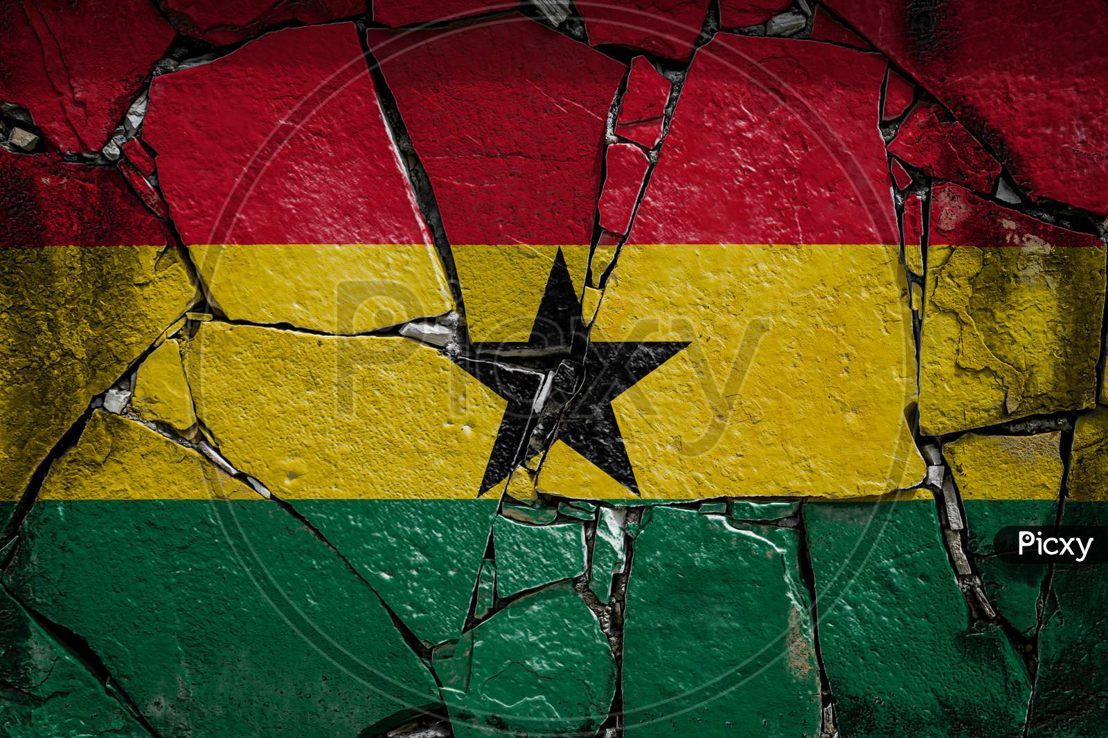 National Flag Of Ghana
 Depicting In Paint Colors On An Old Stone Wall. Flag  Banner On Broken  Wall Background.