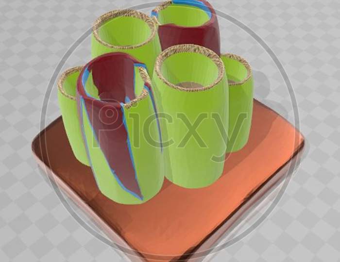 Six green color small cups, jars placed on chrome color shiny squared plate with some shadow. 3d object. 3d rendering