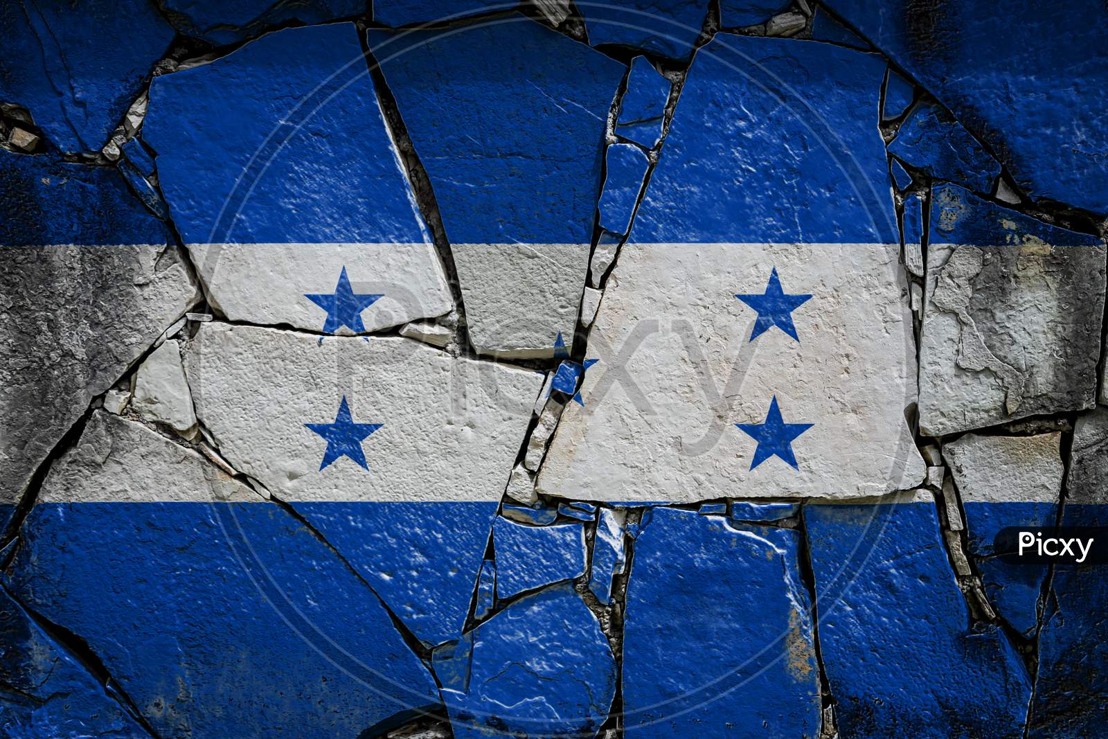 National Flag Of Honduras
 Depicting In Paint Colors On An Old Stone Wall. Flag  Banner On Broken  Wall Background.