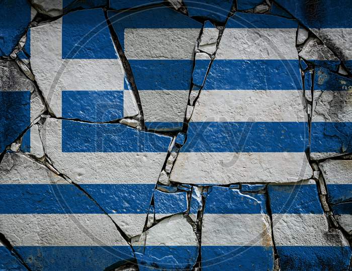 National Flag Of Greece
 Depicting In Paint Colors On An Old Stone Wall. Flag  Banner On Broken  Wall Background.