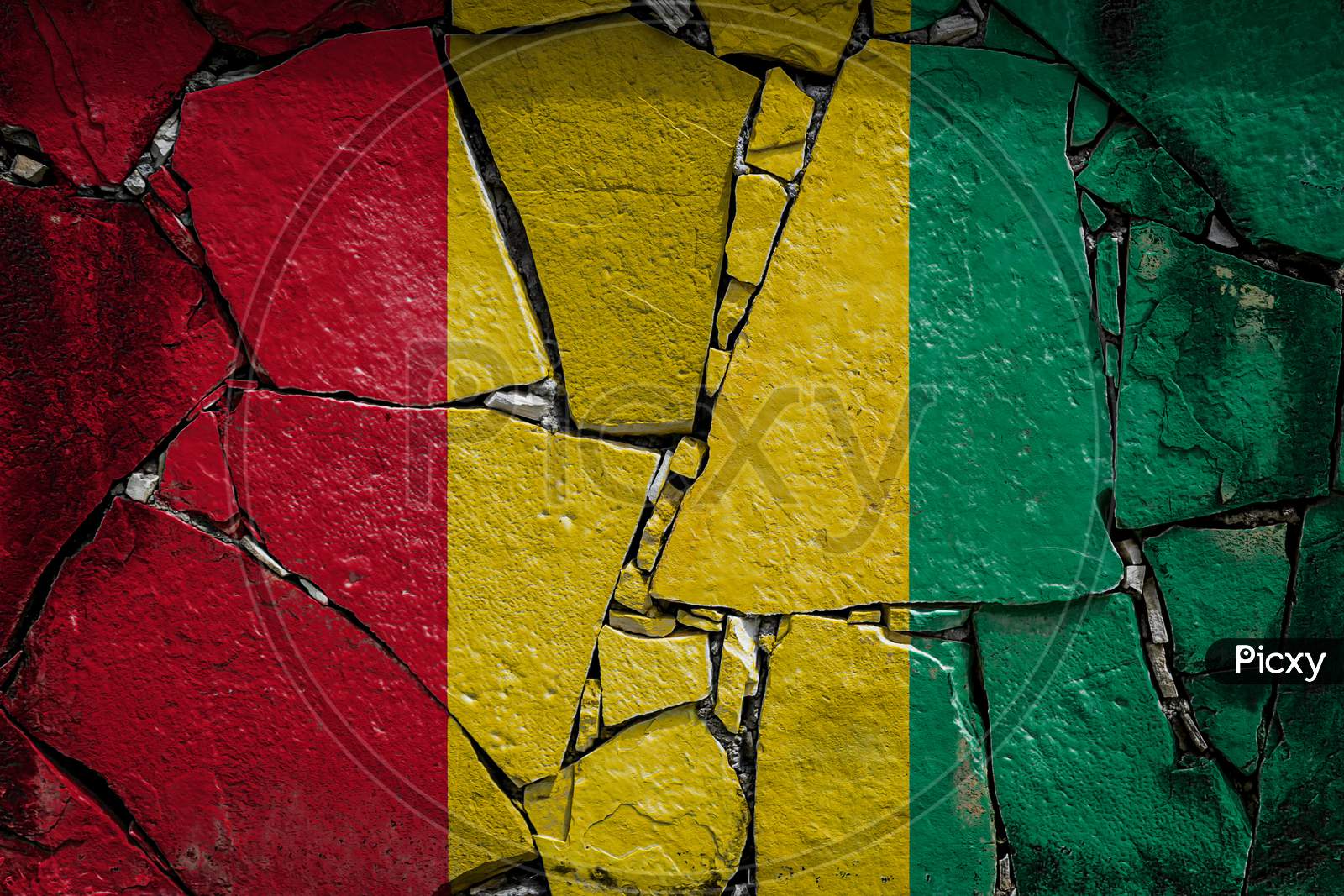 National Flag Of Guinea
 Depicting In Paint Colors On An Old Stone Wall. Flag  Banner On Broken  Wall Background.