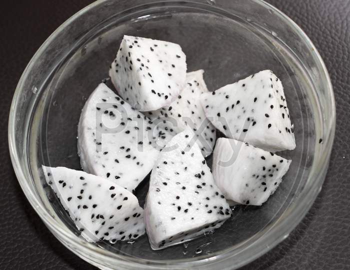 White Sliced Dragon Fruit In A Glass Bowl