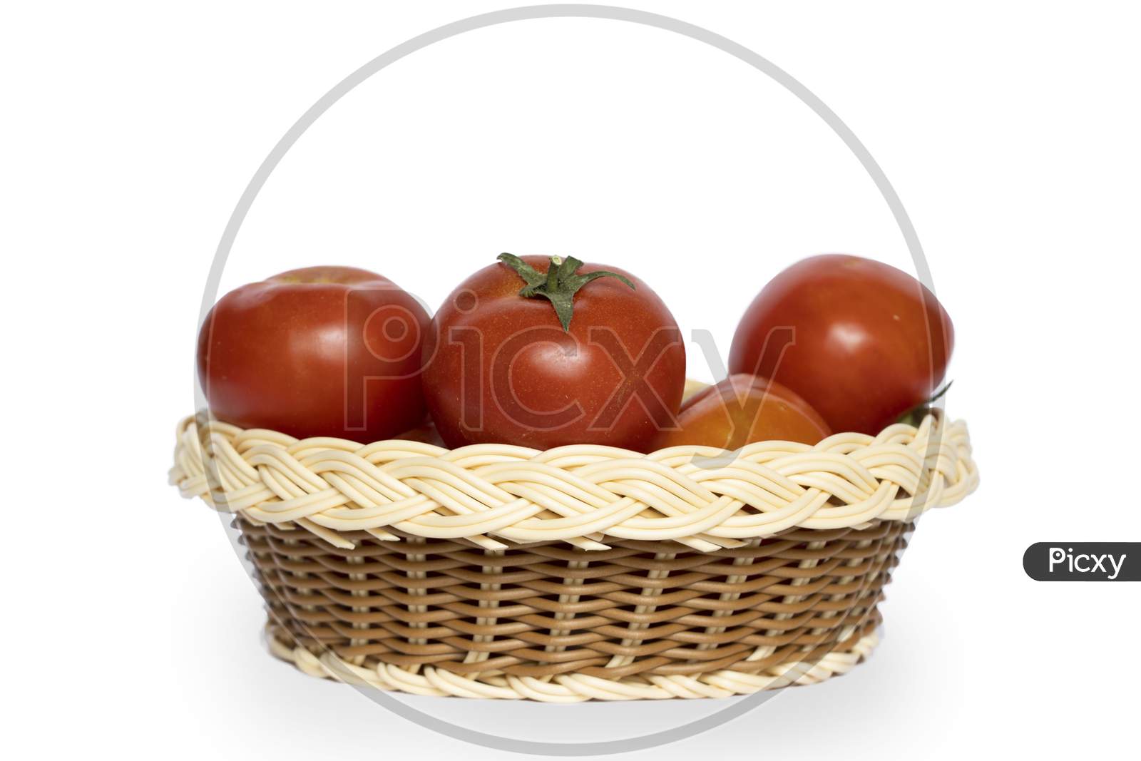 Fresh Red Tomato Inside Wooden Basket