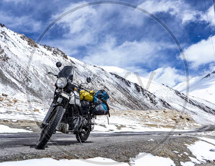 Ladakh, India - April 2 2020 - Adventure Himalayan Royal Enfield Bike On The Roads Of Ladakh.