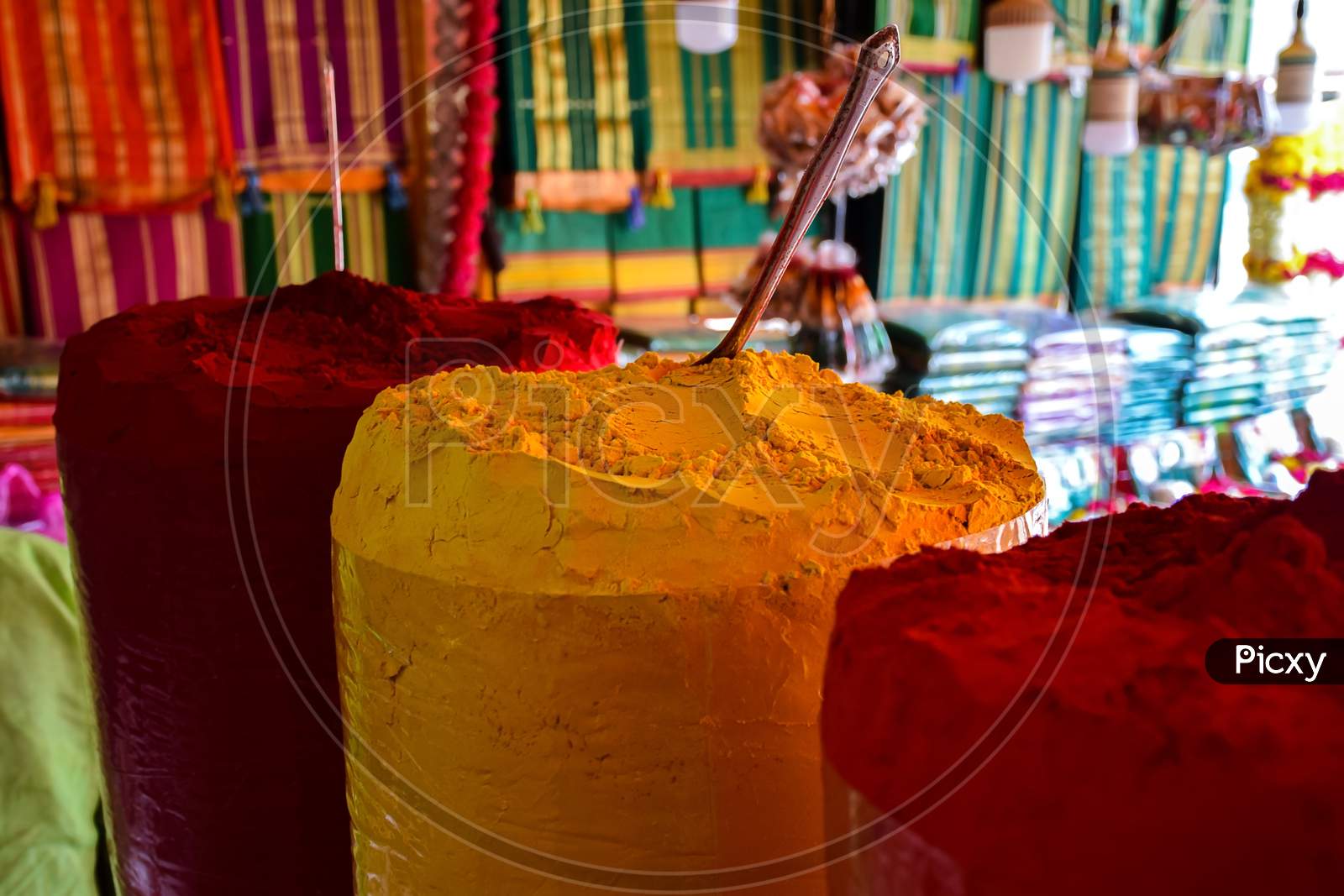 Stock Photo Of Vermillion Or Red Powder And Turmeric Powder Kept In Street Shop Outside Hindu Temple For Sale At Tuljapur, Maharashtra India.