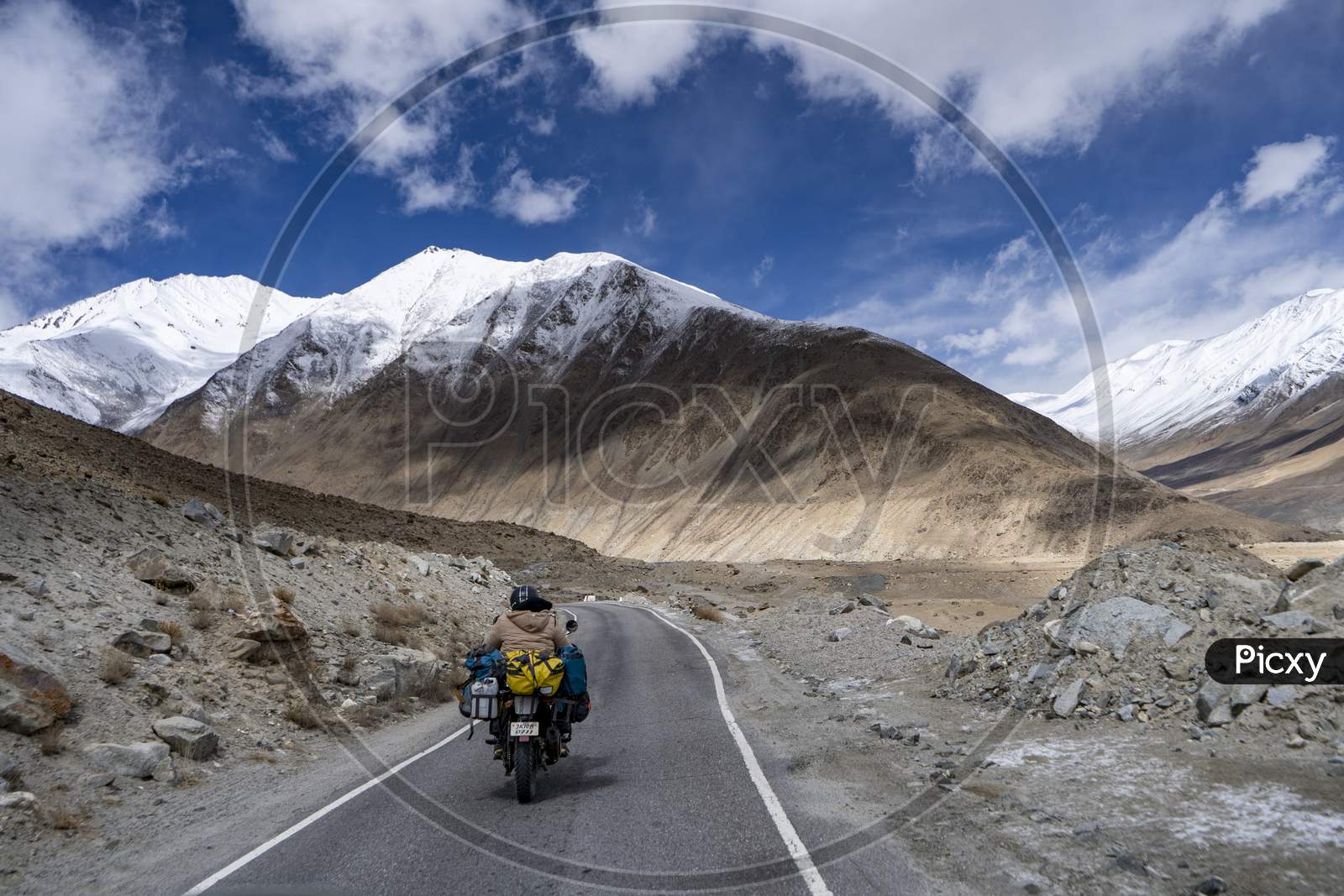 Motorcycle Travelers Ride In Indian Himalaya Roads,Leh Ladakh .