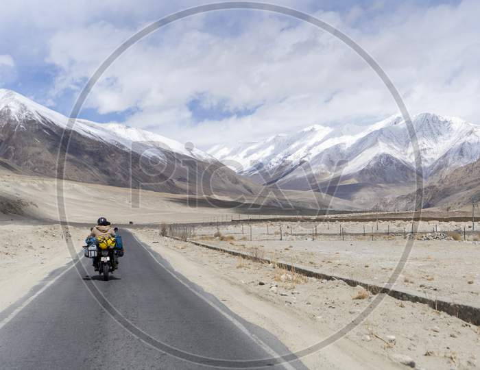Motorbike Tourist Riding Down On A Leh - Manali National Highway