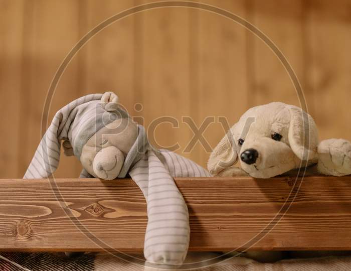 two stuffed toys lying on bed