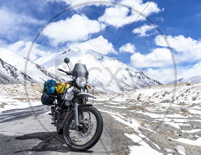Ladakh, India - April 2 2020 - Adventure Himalayan Royal Enfield Bike On The Roads Of Ladakh.