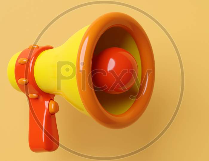 Orange , Red And Yellow   Cartoon Glass Loudspeaker On A Orange   Monochrome Background. 3D Illustration Of A Megaphone. Advertising Symbol, Promotion Concept.
