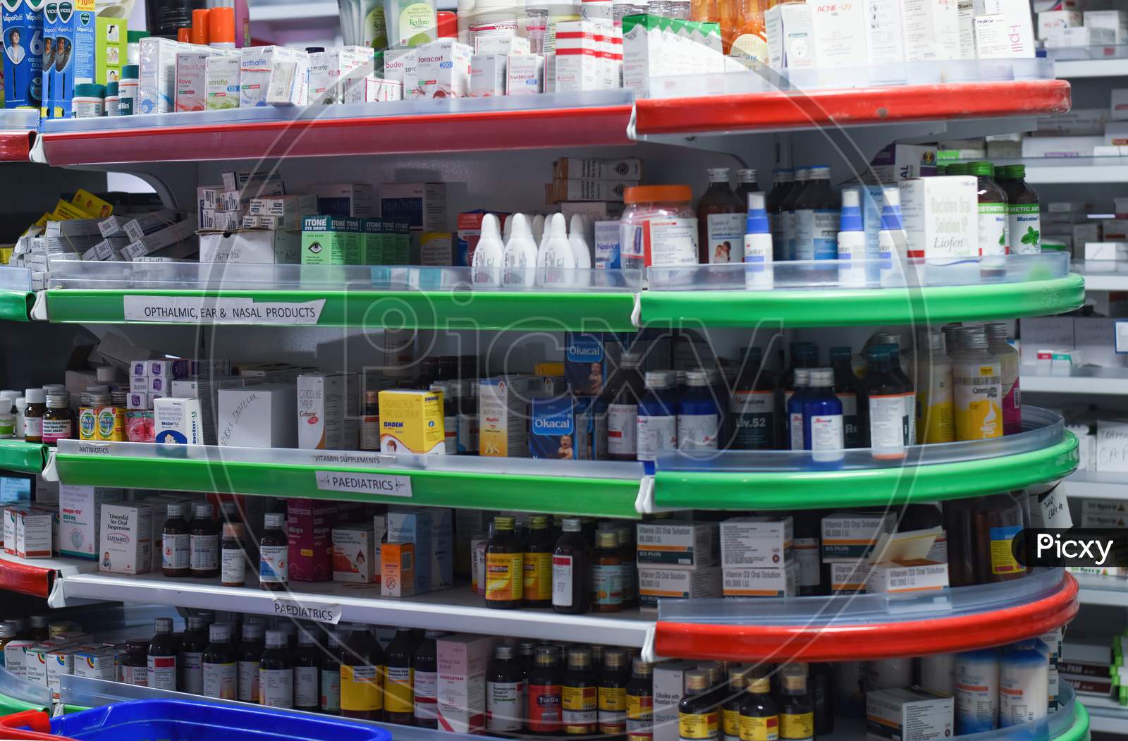 Inside view of a Medical store. Closeup of Image of various medicines arranged in shelves Pharmacy, Drug Store in India.