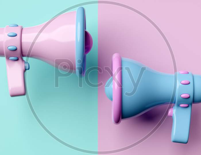 Blue And Pink   Cartoon Loudspeakers On A   Isolated  Background Stand Opposite Each Other . 3D Illustration Of A Megaphone. Advertising Symbol, Promotion Concept.