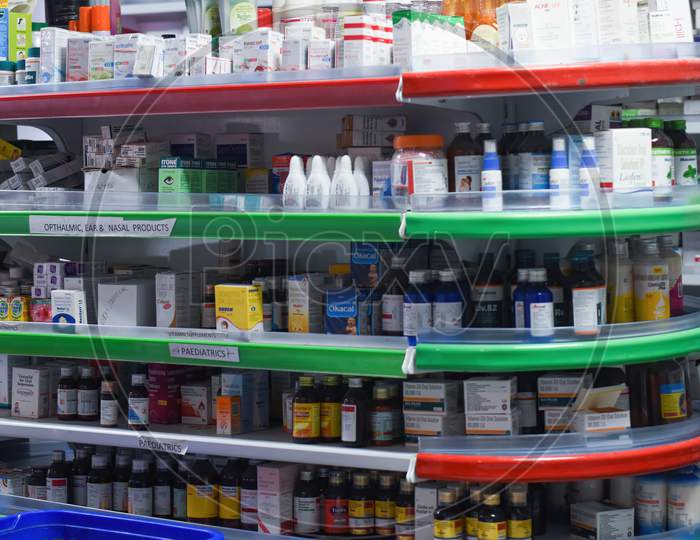 Inside view of a Medical store. Closeup of Image of various medicines arranged in shelves Pharmacy, Drug Store in India.