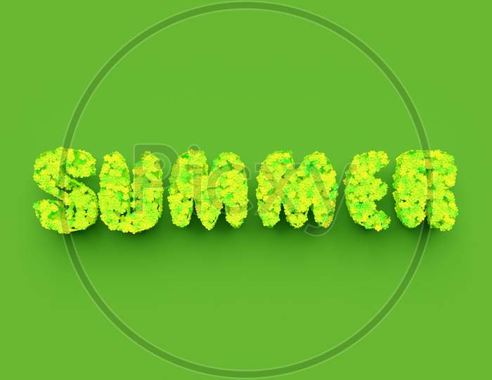 3D Illustration Bright Inscription Summer  From  Green Flowers  On A Green  Isolated Background. Fashion, Beauty And Cosmetics Promotion. Trendy Sale Summer  Banner With Hand Written