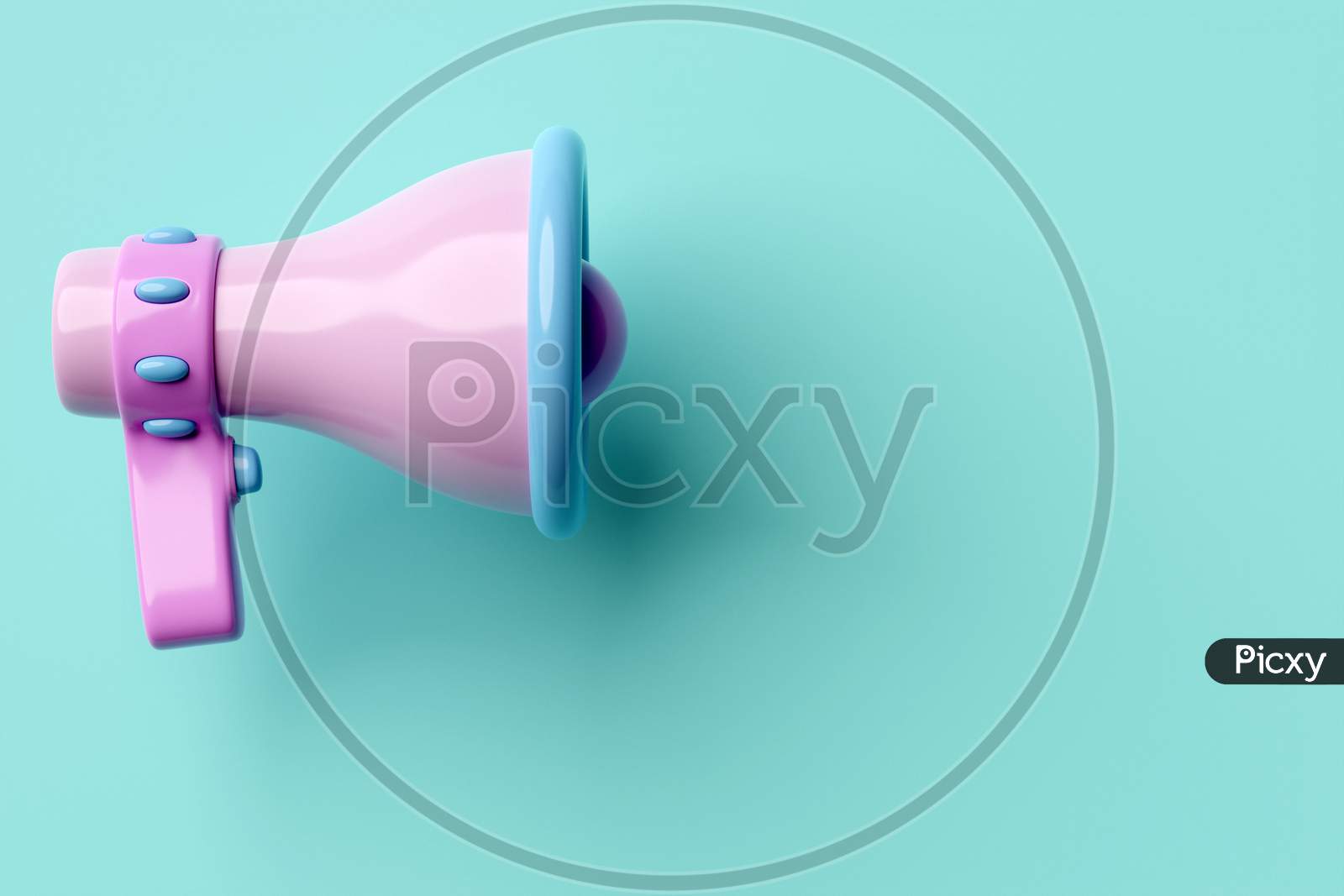 Blue, Pink  Cartoon Glass Loudspeaker On A Blue    Monochrome Background. 3D Illustration Of A Megaphone. Advertising Symbol, Promotion Concept.