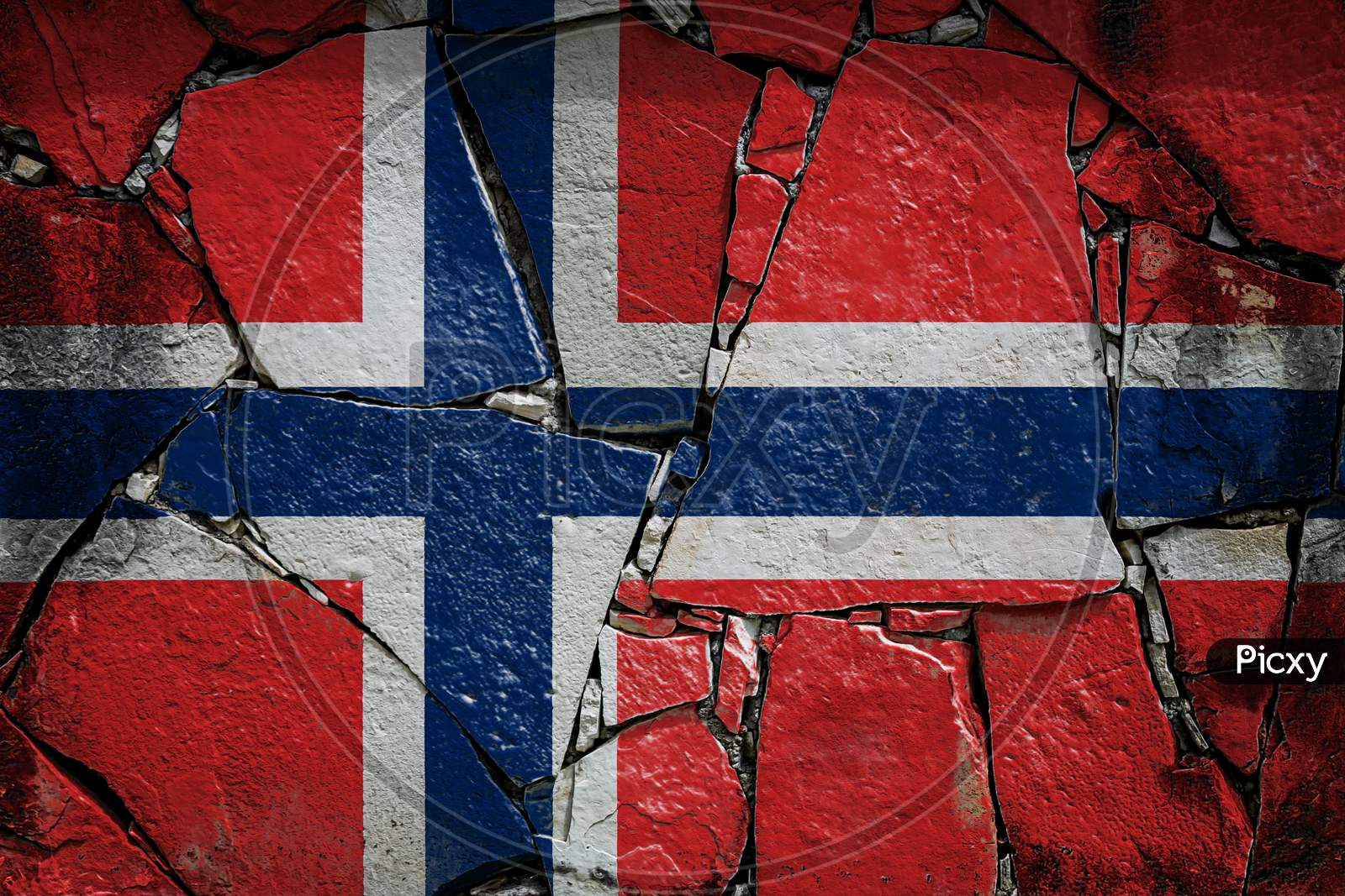 National Flag Of Norway Depicting In Paint Colors On An Old Stone Wall. Flag  Banner On Broken  Wall Background.