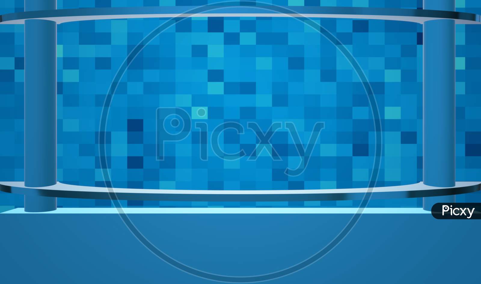 3d Blue Studio illustration having a Wall of blue cubes with some setup. 3d rendering Virtual set Studio background. simple setup for news, tv, presentation. 3d rendering. 3d illustration.
