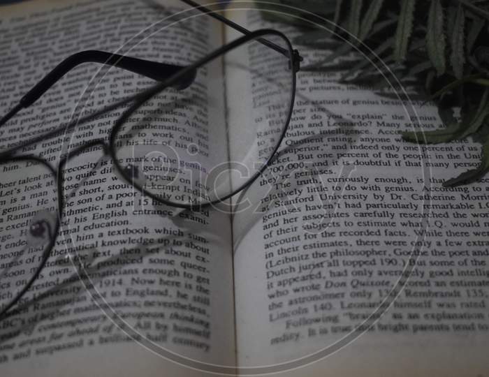 Glasses on book with laptop in background satbargha leaves in background
