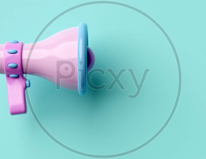 Blue, Pink  Cartoon Glass Loudspeaker On A Blue    Monochrome Background. 3D Illustration Of A Megaphone. Advertising Symbol, Promotion Concept.