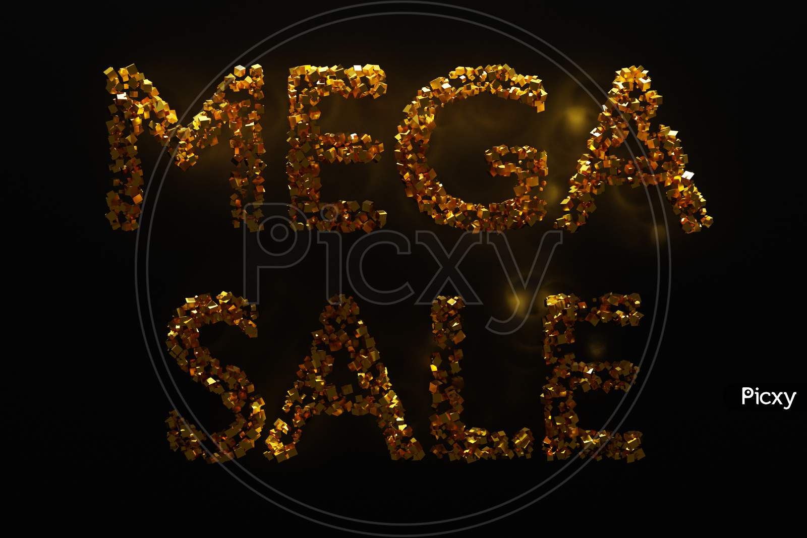 3D Illustration Of A  Gold Geometric  Inscription Mega Sale Background. Mega Sale Discount Offer Design.Shop Or Online Shopping. Sticker, Badge Coupon Store