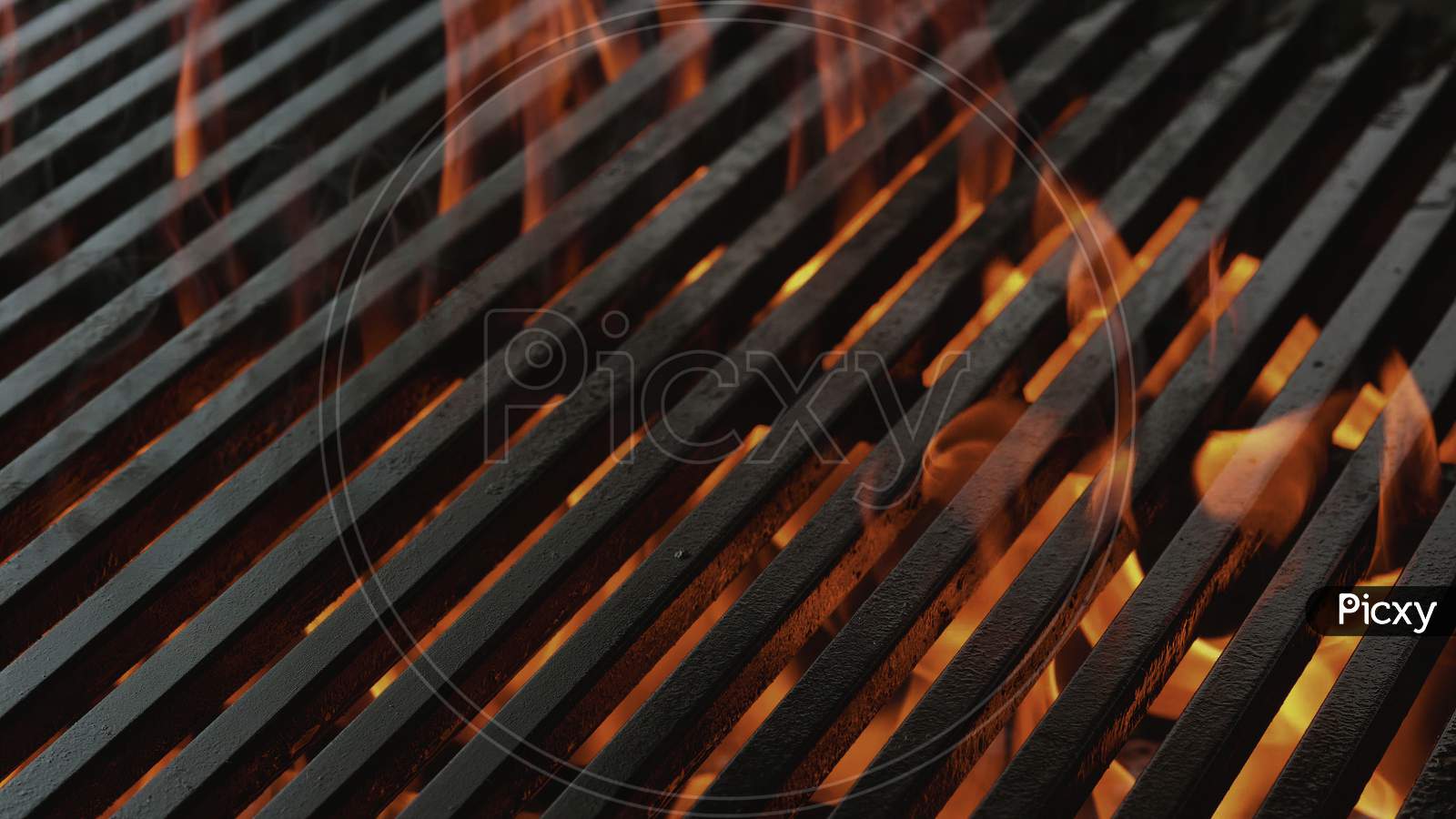 Grill Barbecue Background Empty Grate With Flames On Black Stock