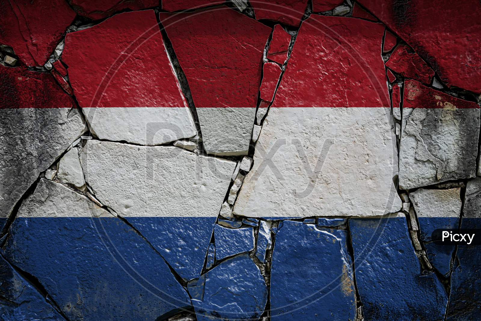 National Flag Of Netherlands Depicting In Paint Colors On An Old Stone Wall. Flag  Banner On Broken  Wall Background.