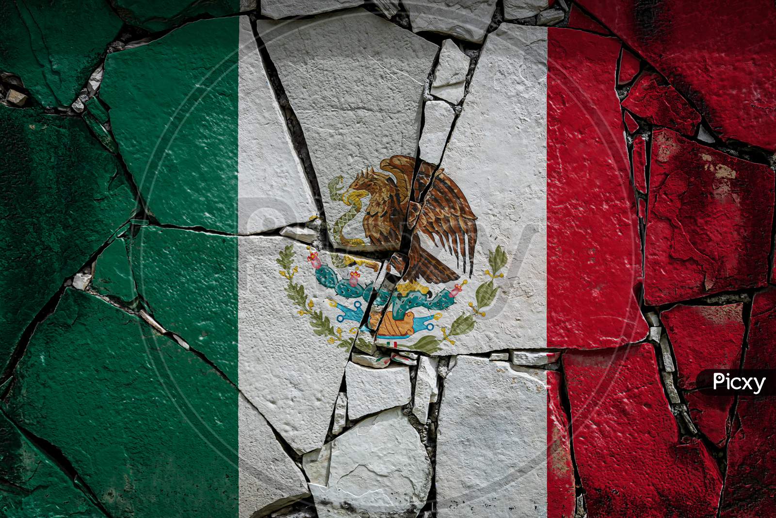 National Flag Of Mexico Depicting In Paint Colors On An Old Stone Wall. Flag  Banner On Broken  Wall Background.